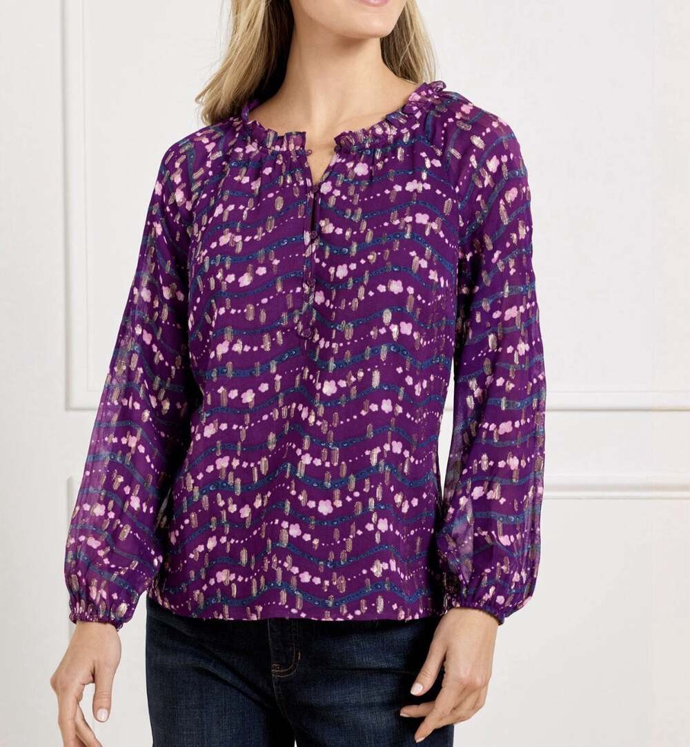 Talbots Ruffle Neck Wavy Floral Peasant Top Size XL Purple Metallic Long Sleeve